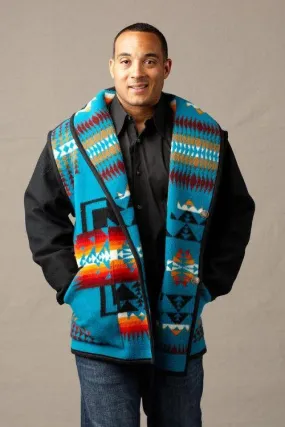 Kraff's Reversible Wool Car Coat, Chief Joseph Turquoise, Black Melton Sleeves