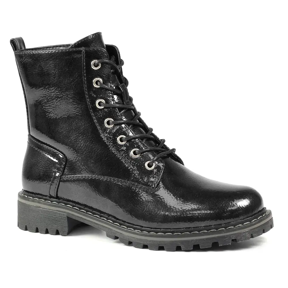 Ladies Lunar Boots Black Patent Laced Military Style Narla Inside Zip sale