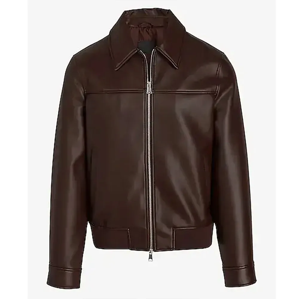 Men’s Brown Shirt Collar Faux Leather Jacket