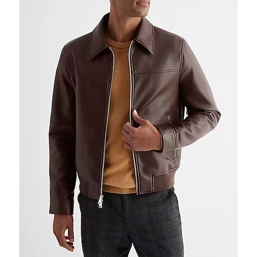 Men’s Brown Shirt Collar Faux Leather Jacket