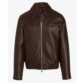 Men’s Brown Shirt Collar Faux Leather Jacket