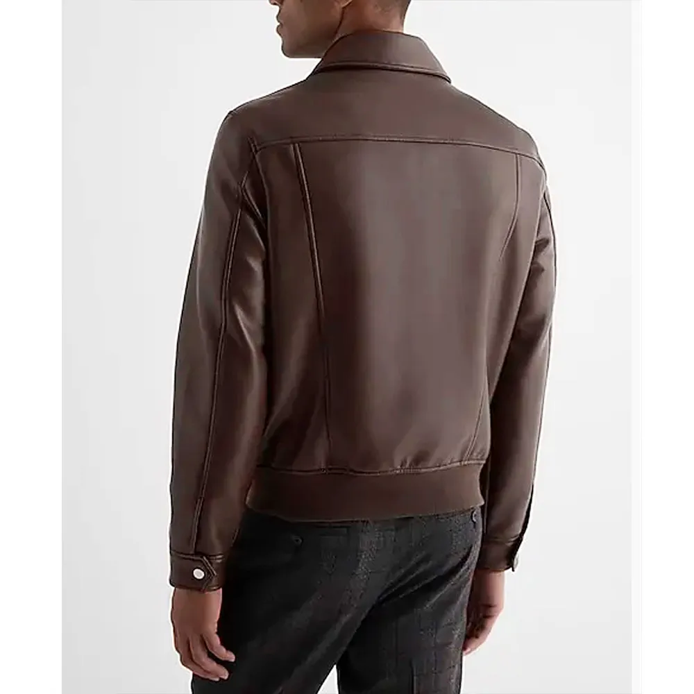 Men’s Brown Shirt Collar Faux Leather Jacket