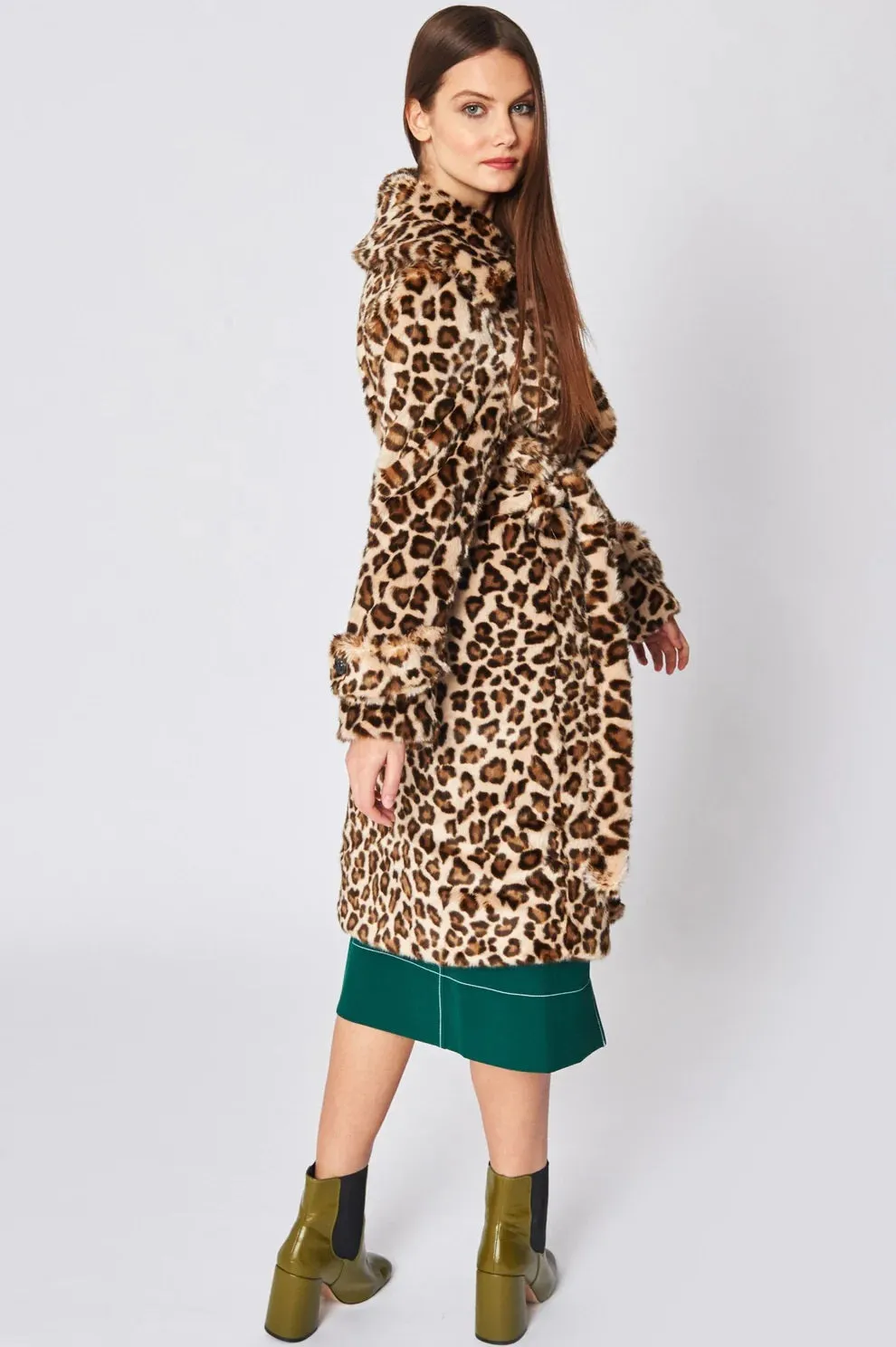 Mocha Faux Fur Leopard Print Maxi Coat