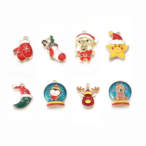 Pendants, Christmas Theme, Assorted, Single-Sided, Enameled, Gold Plated, Alloy