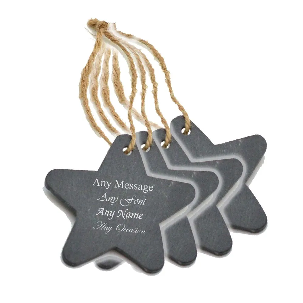 Personalised Engraved Christmas Tree Hanging Slate Decoration - Star Design - Set of 4