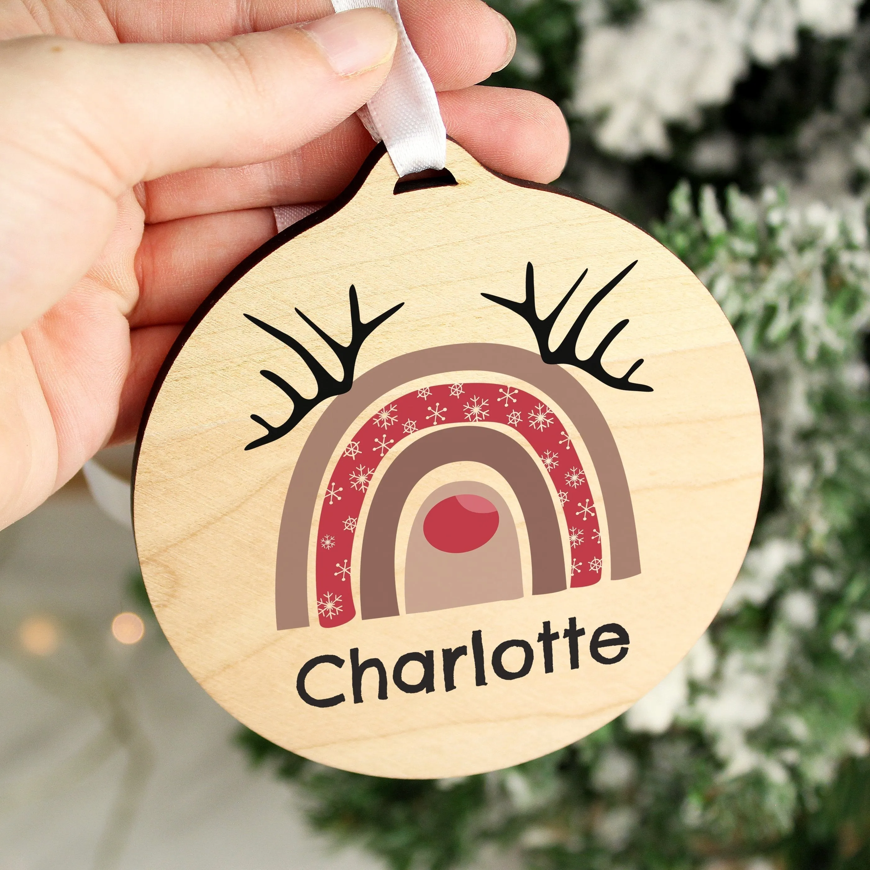 Personalised Rainbow Reindeer Round Wooden Decoration