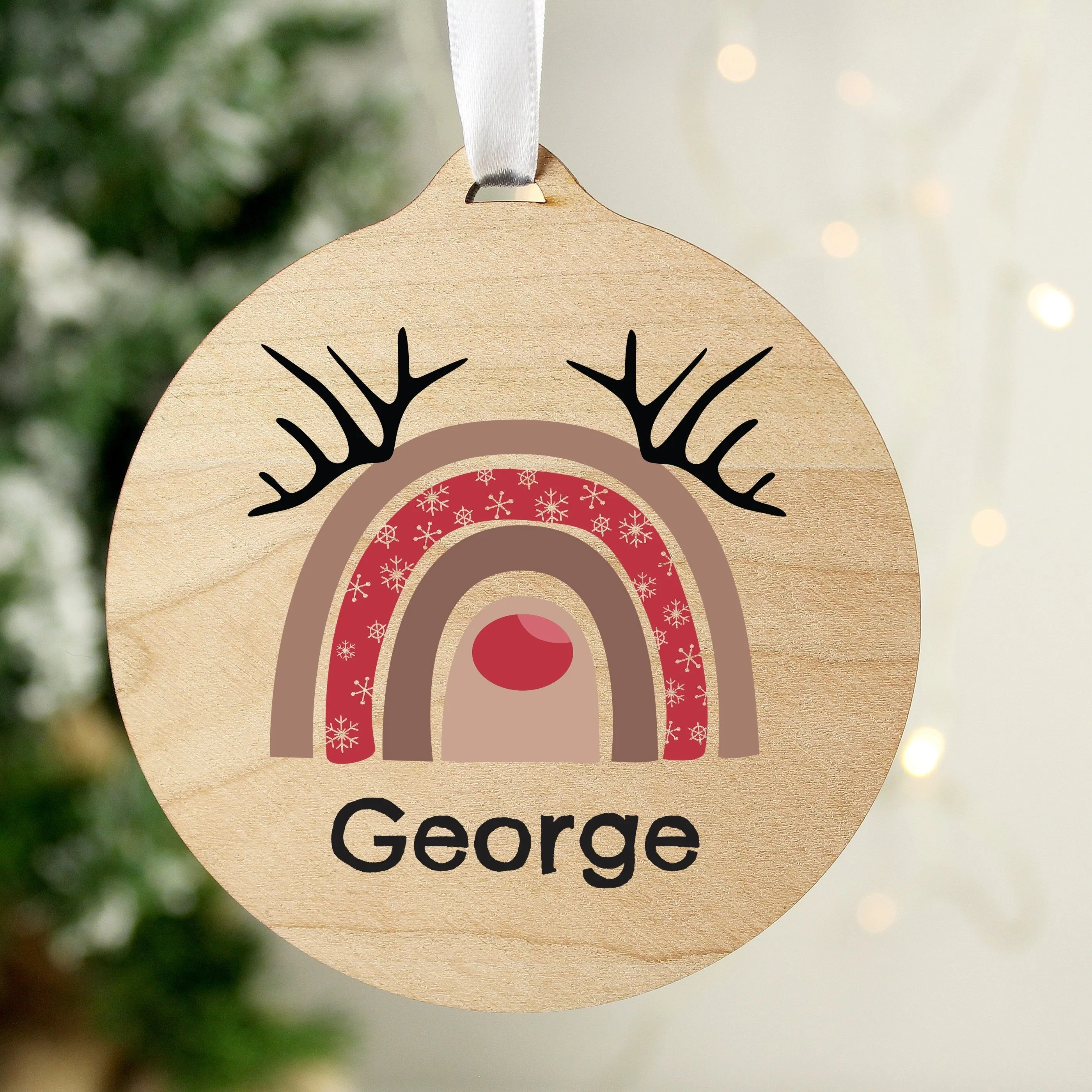 Personalised Rainbow Reindeer Round Wooden Decoration