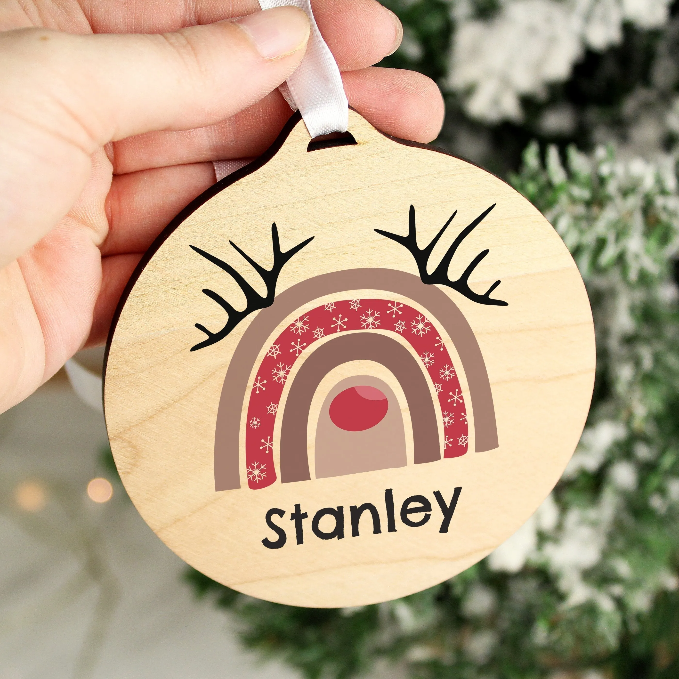 Personalised Rainbow Reindeer Round Wooden Decoration