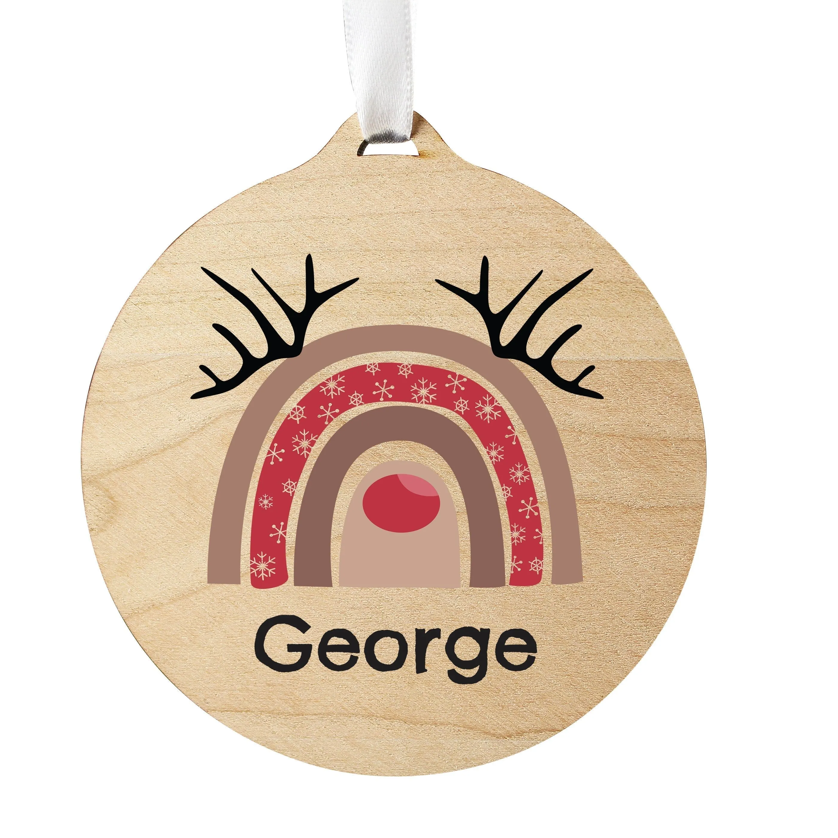 Personalised Rainbow Reindeer Round Wooden Decoration