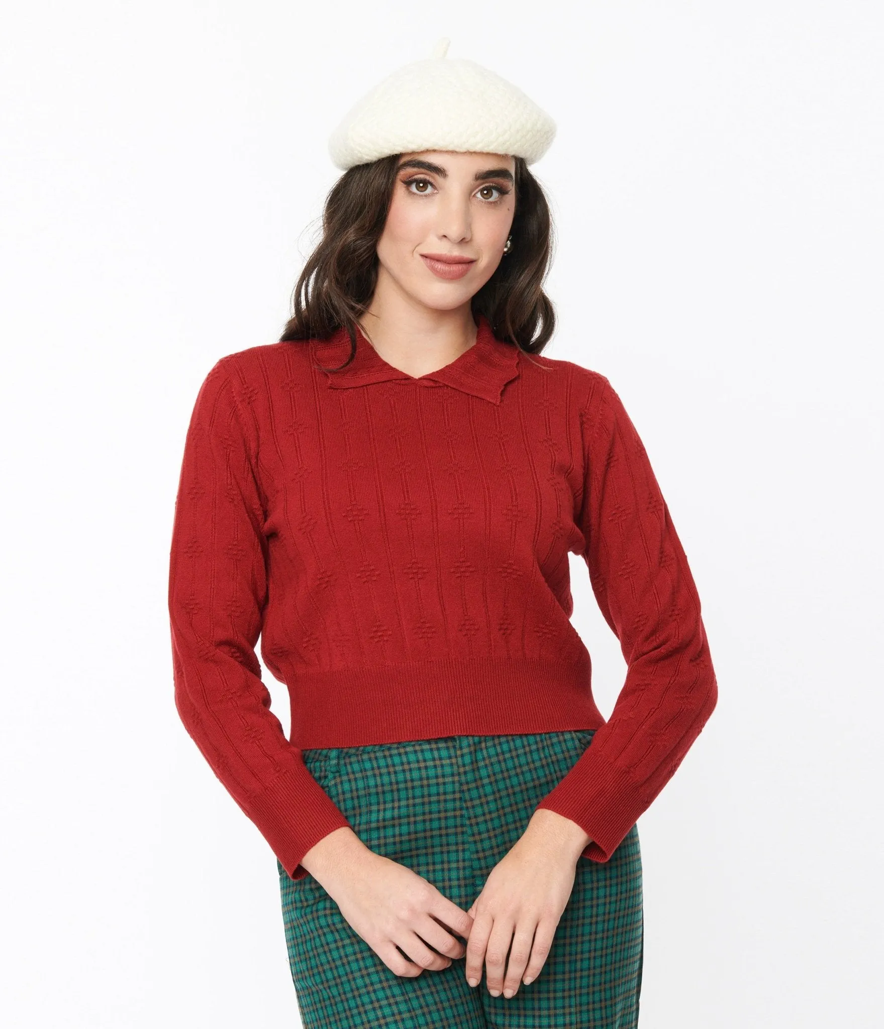 Red Textured Collared Knit Sweater