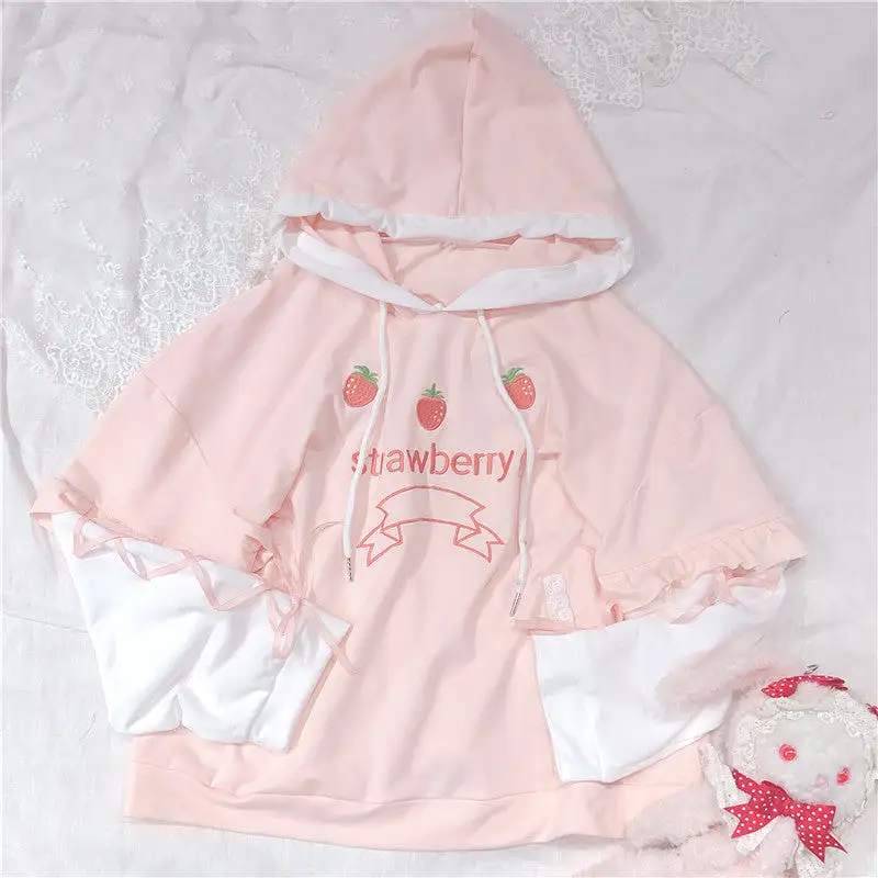 SWEET STRAWBERRY EMBROIDERY LONG SLEEVE HOODIE BY23119