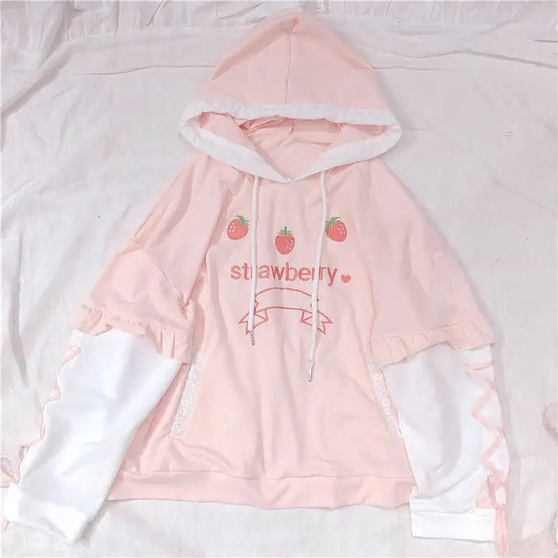 SWEET STRAWBERRY EMBROIDERY LONG SLEEVE HOODIE BY23119