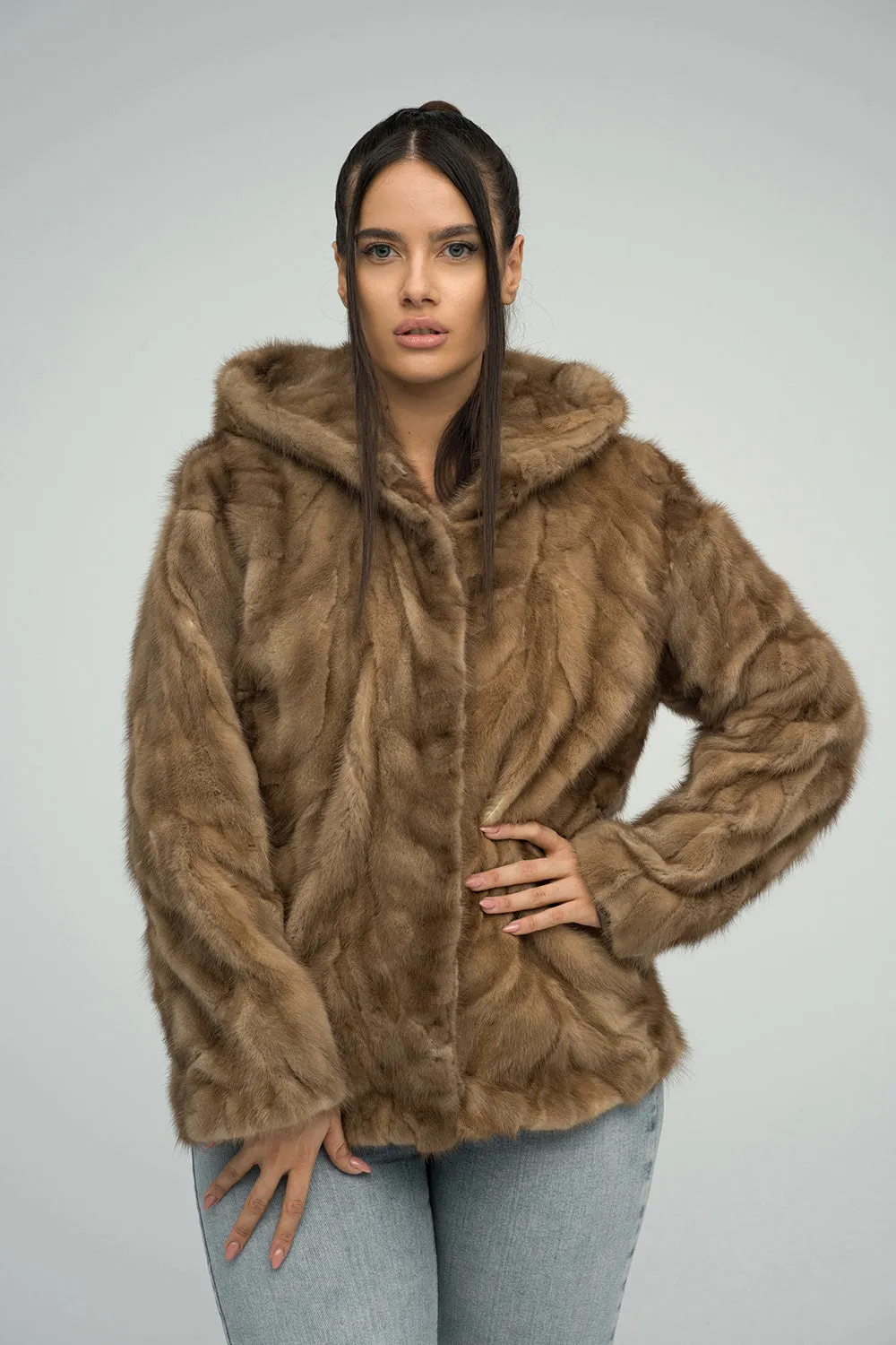 Taupe Genuine Hooded Mink Fur Coat