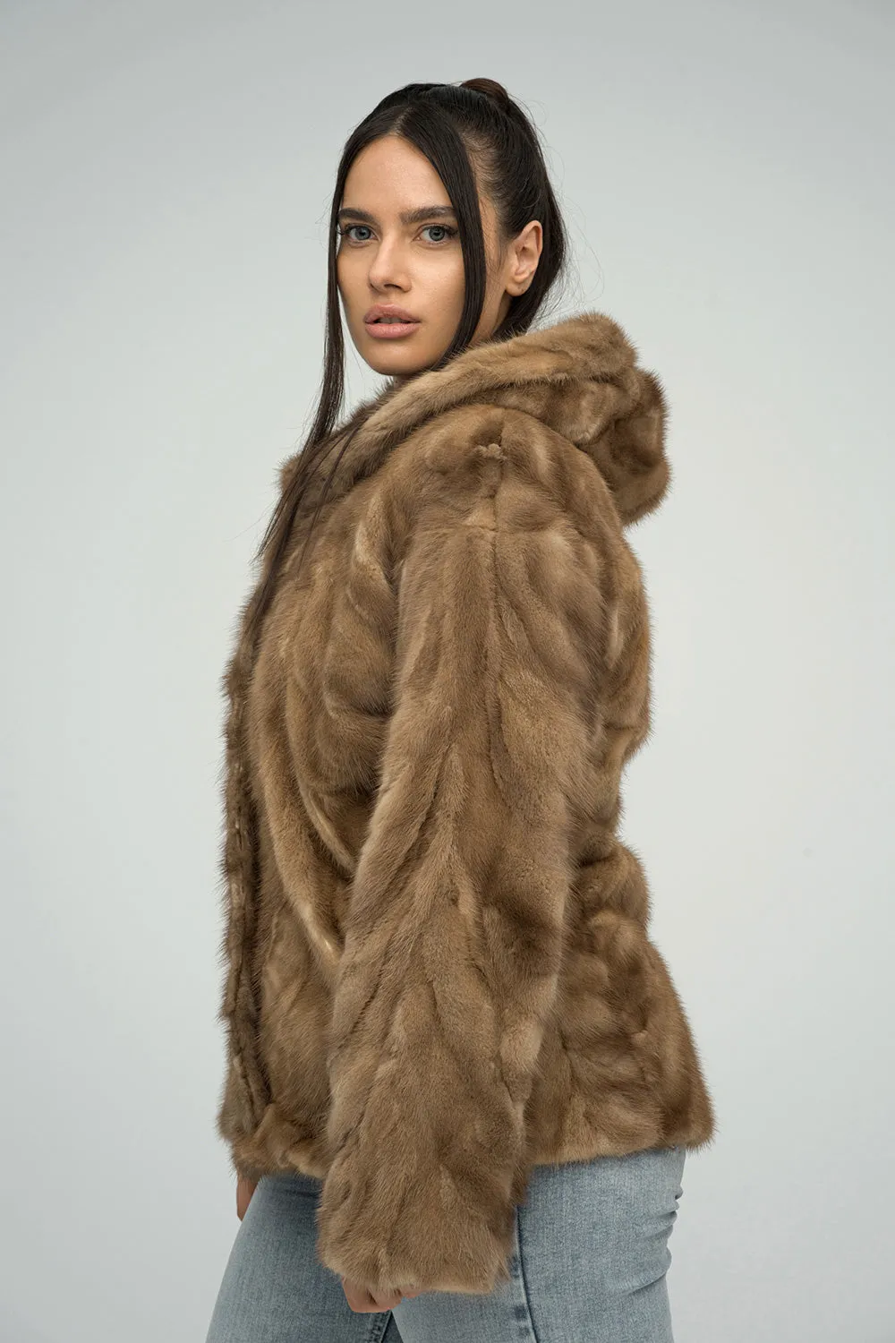 Taupe Genuine Hooded Mink Fur Coat