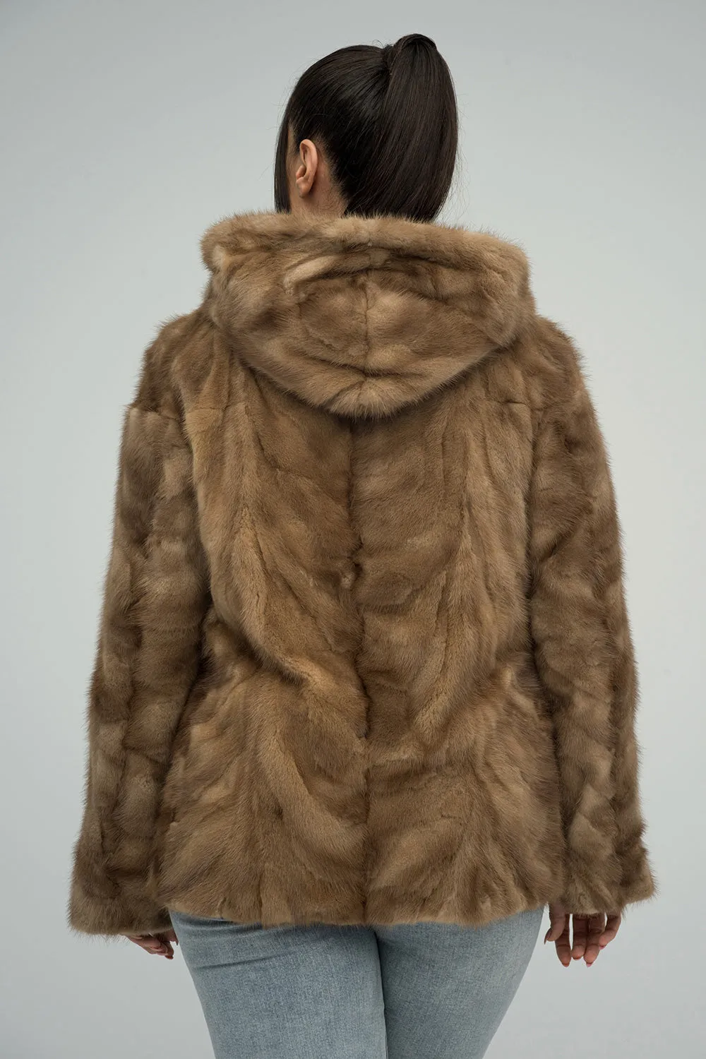 Taupe Genuine Hooded Mink Fur Coat