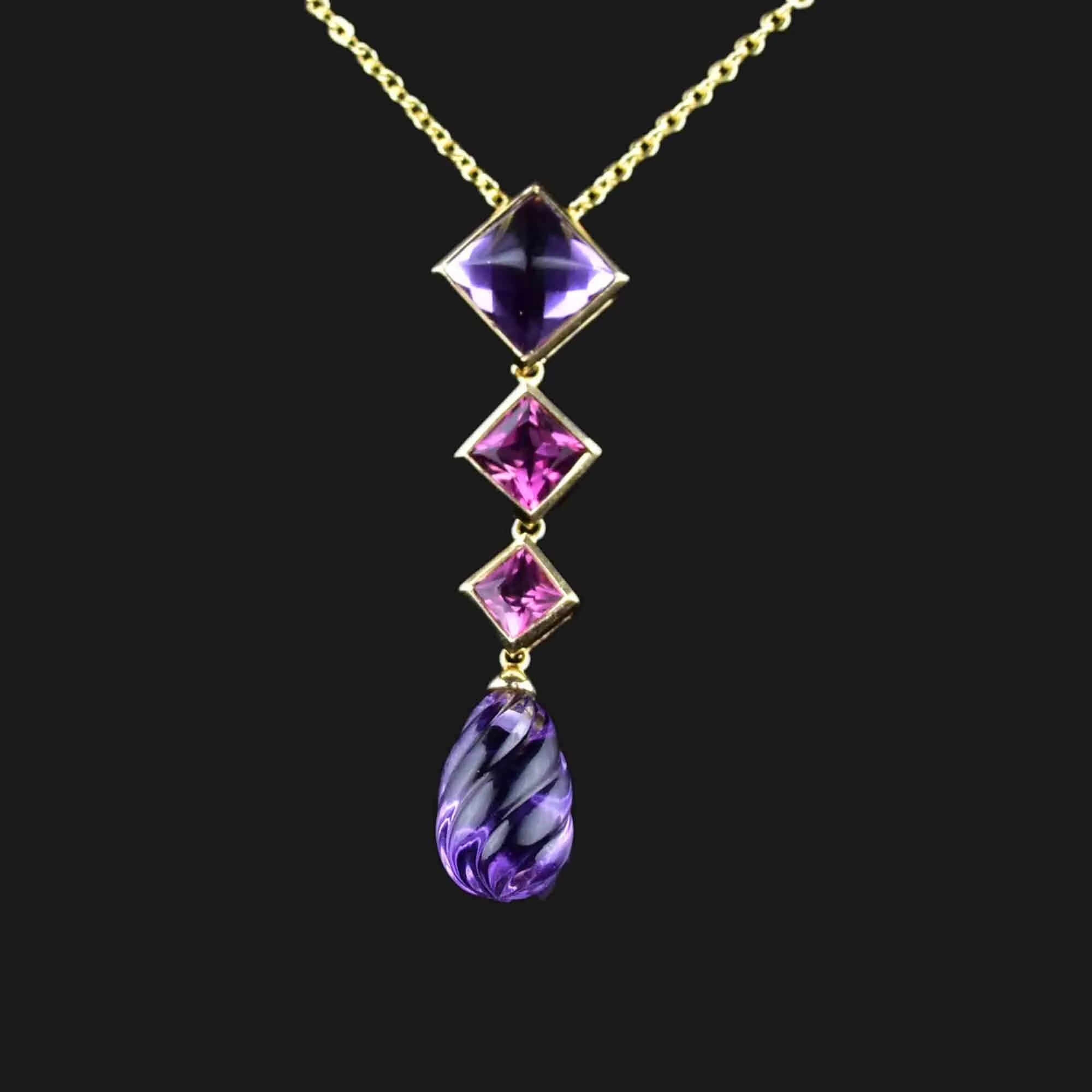 Vintage 14K Gold Tourmaline Sugarloaf Amethyst Pendant Necklace