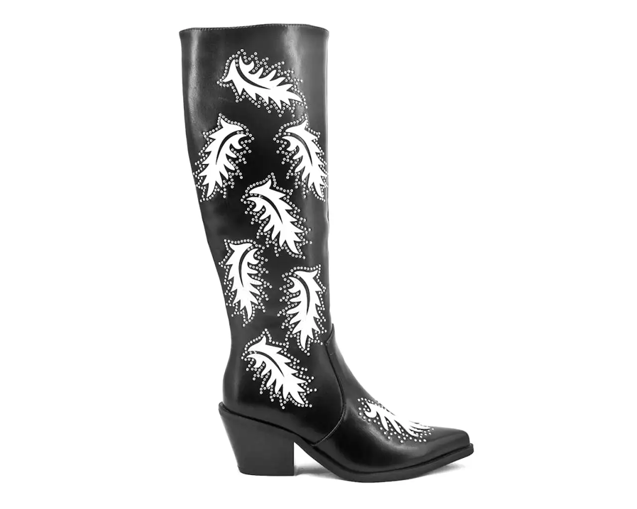 Women's 15759 Faux Leather Leaf Studded Motif Cowboy Boots Black