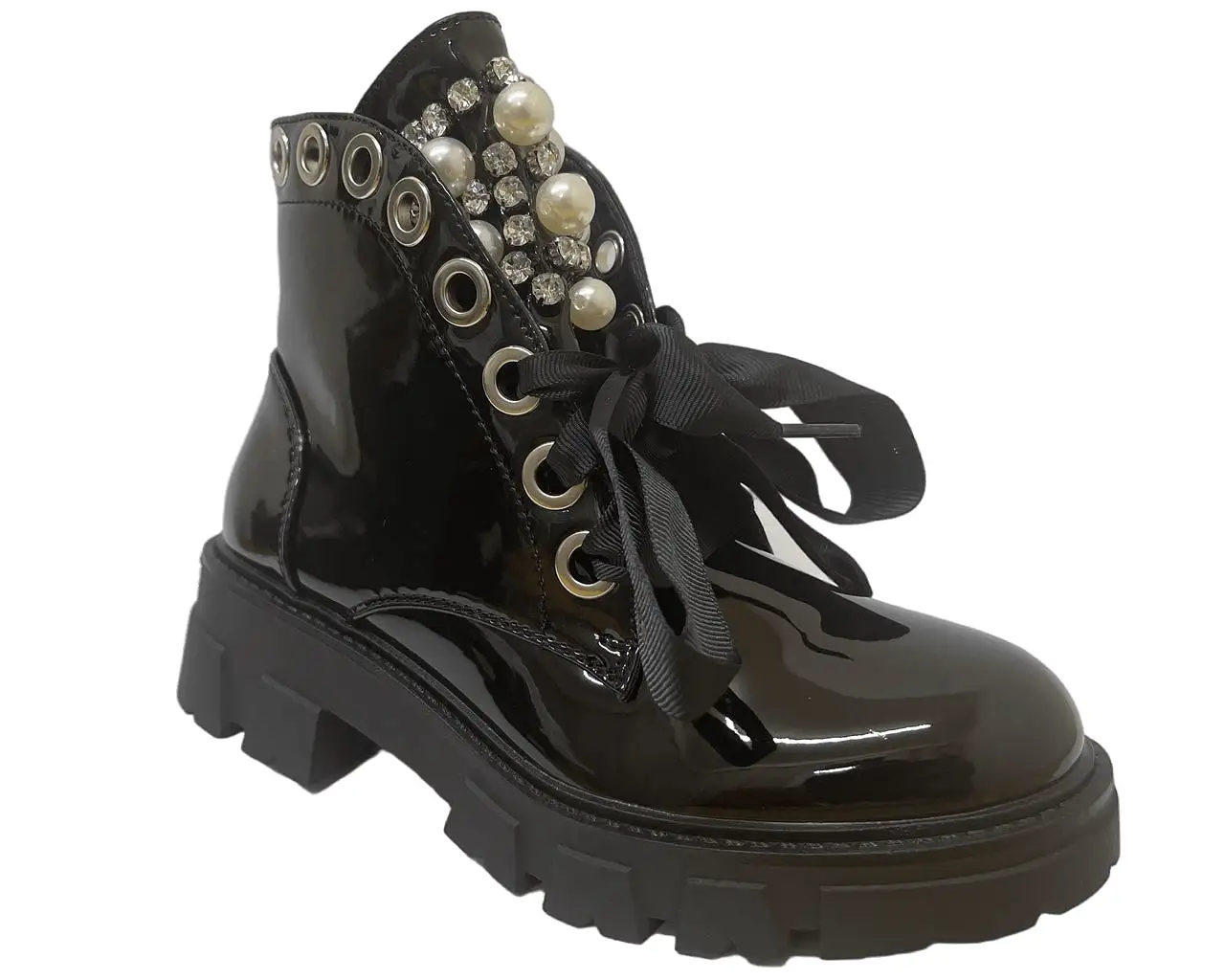 Women's Faux Patent Leather Thick Lace Pearls Ankle Boots