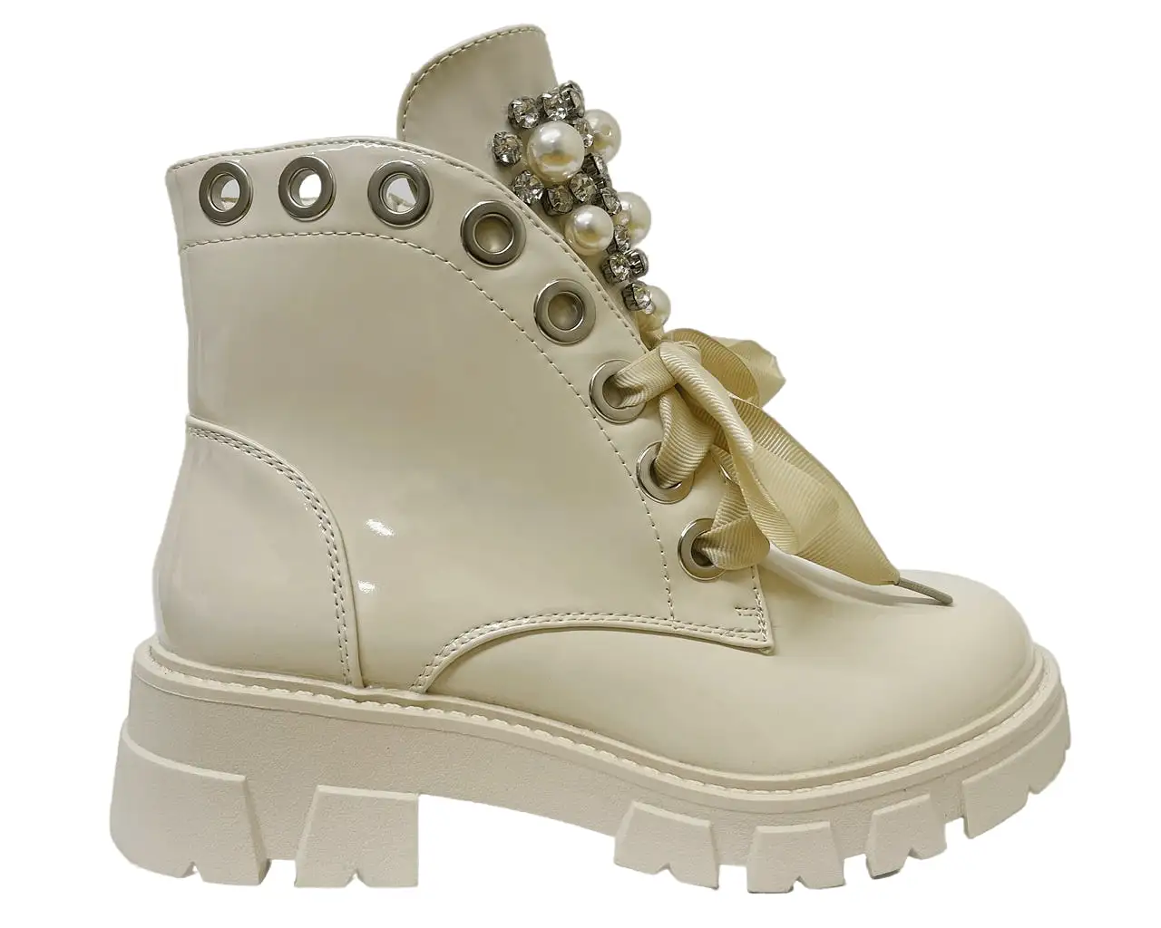 Women's Faux Patent Leather Thick Lace Pearls Ankle Boots