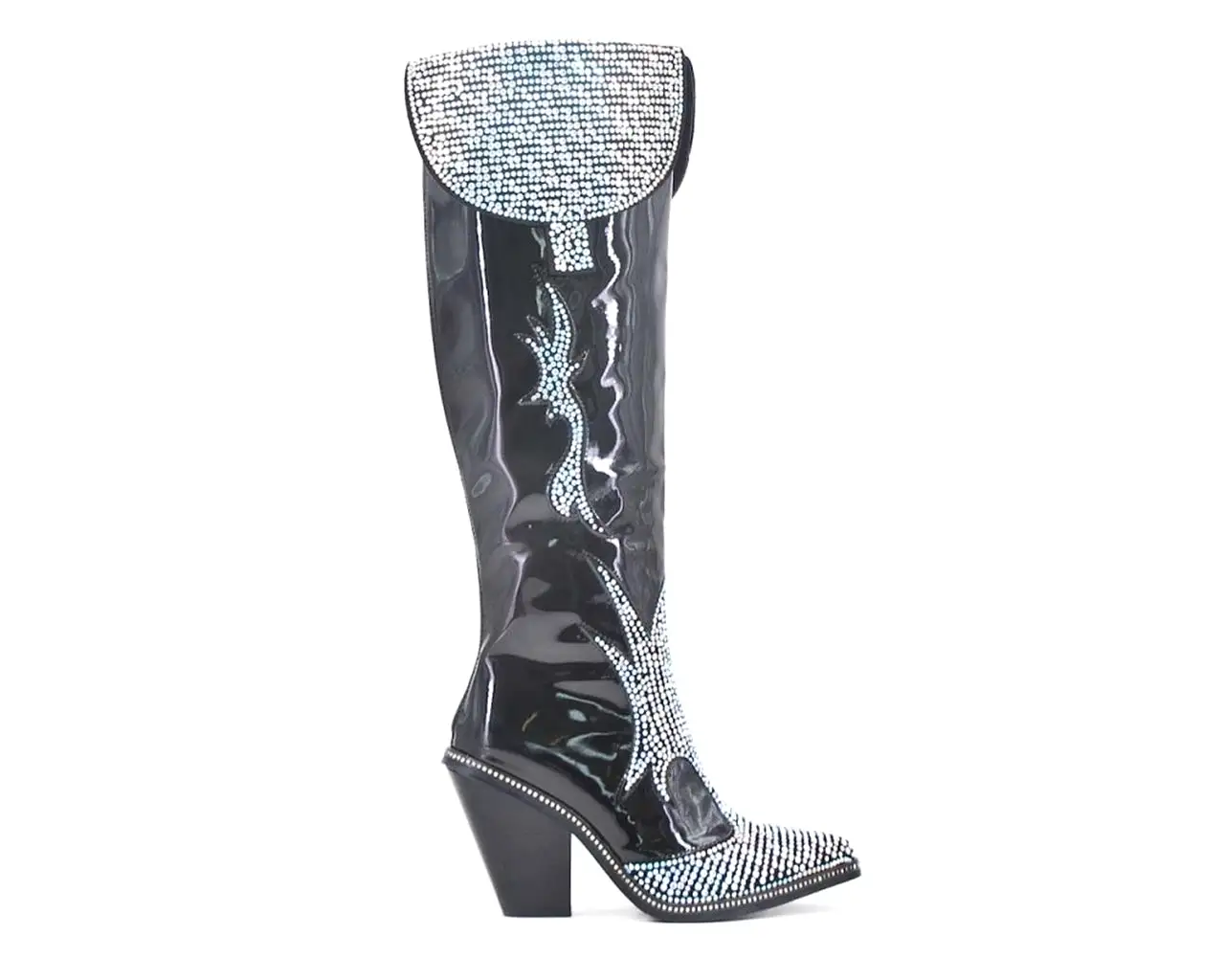 Women's H766 Faux Patent Leather Rhinestones Boots Black