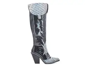 Women's H766 Faux Patent Leather Rhinestones Boots Black