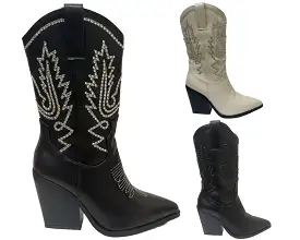 Women's Mid Calf Cowboy Embroidery Diamante Boots