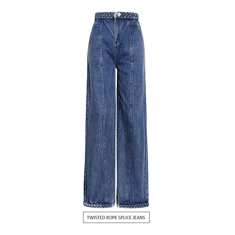 Woven Stitching High Waist Straight Wide Jeans